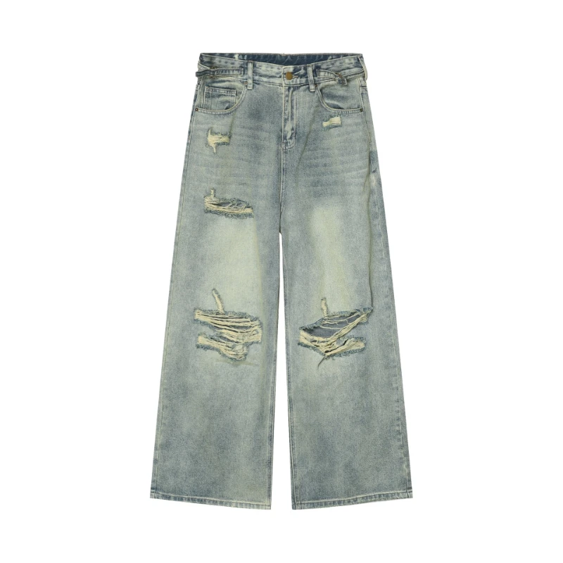 Denim Pant Men Jeans Vintage Washed Straight Pants High Waist Distressed Hole Full Length Trousers Y2k Streetwear Casual Spring
