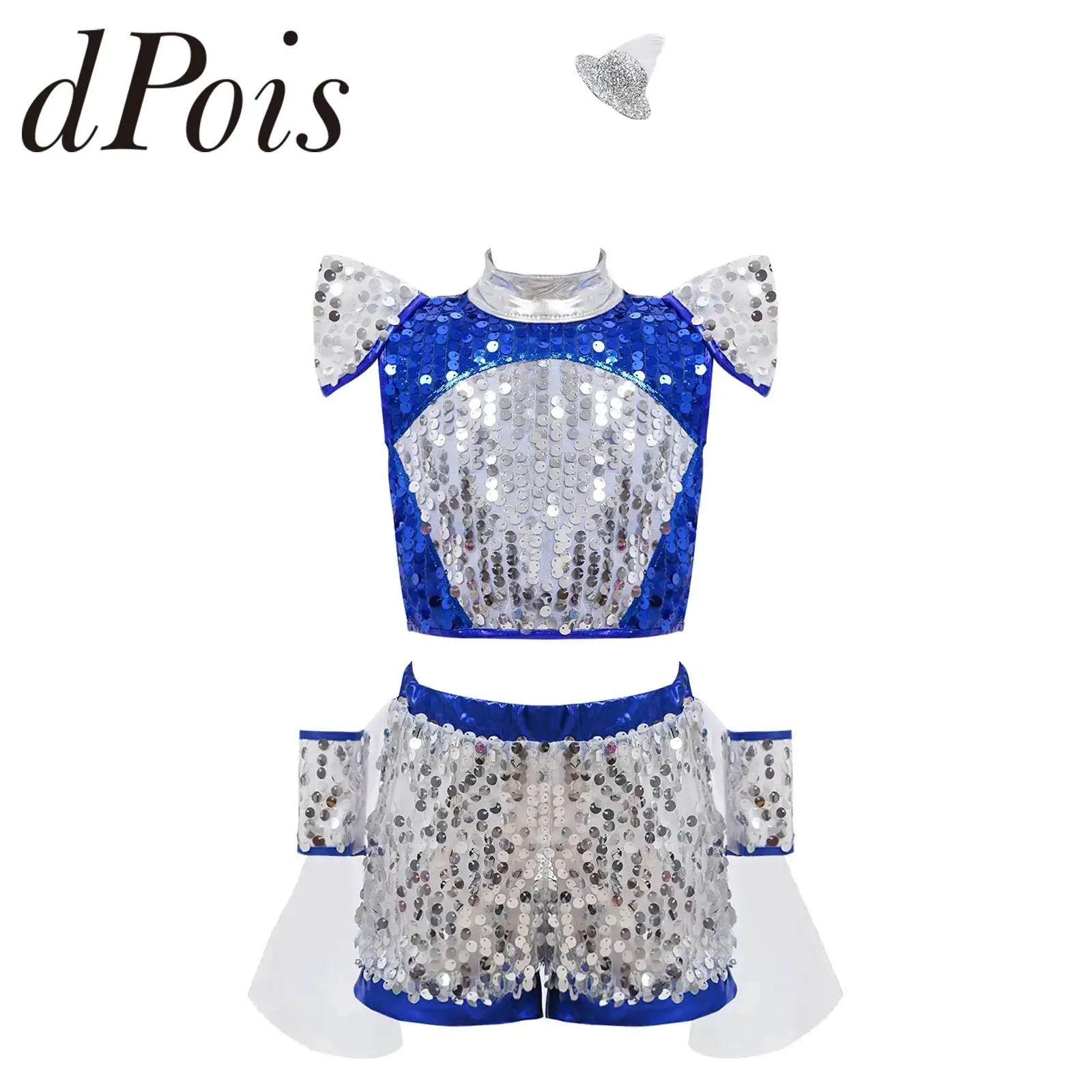 Kids Girls Cheerleading Sets Shiny Sequins Jazz Dance Outfit Cheering Team Costume Cheerleader Uniforms Crop Top with Shorts