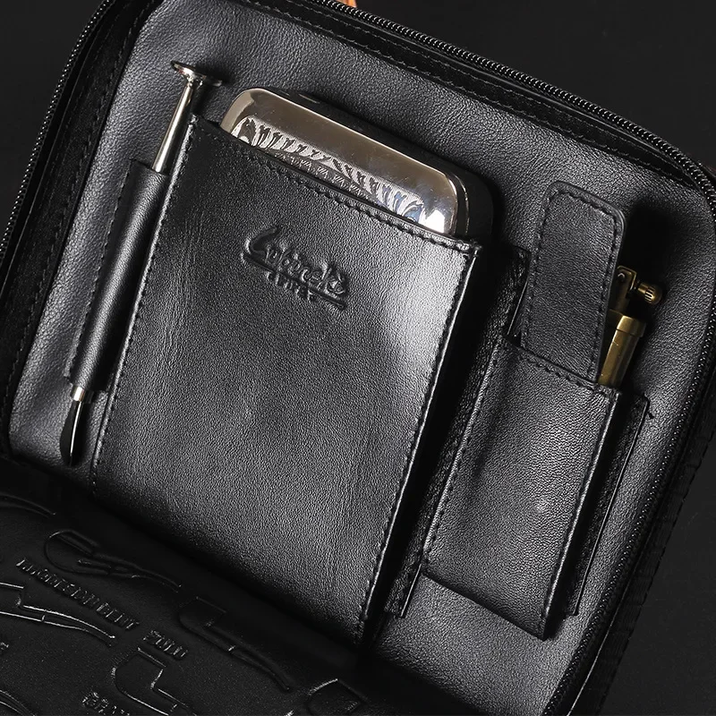 LUBINSKI Tobacco Cigar Cigarette Case Bag Genuine Leather Lizard Style Pipe Pocket Pipe for 4 Pipes Case Multifunctional Set