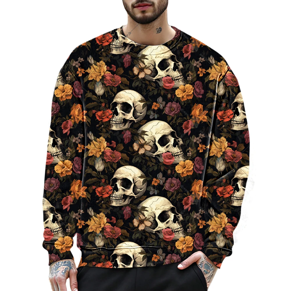3D ดอกไม้กะโหลกกราฟิกเสื้อกันหนาวผู้ชายโกธิคการออกแบบสร้างสรรค์ O-คอแขนยาวเสื้อหลวมระบายอากาศได้ดีสบายเสื้อผ้า