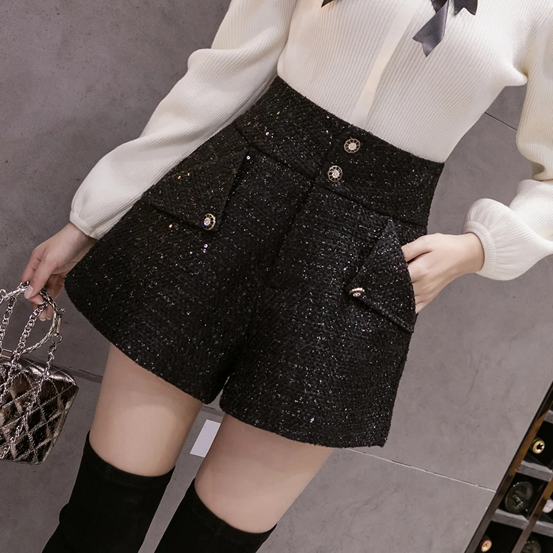 High Quality New Women Pocket Wide leg Shorts 2024 Spring Woolen Shorts Women Fashion Solid High Waist Sequin Tweed Short Pants