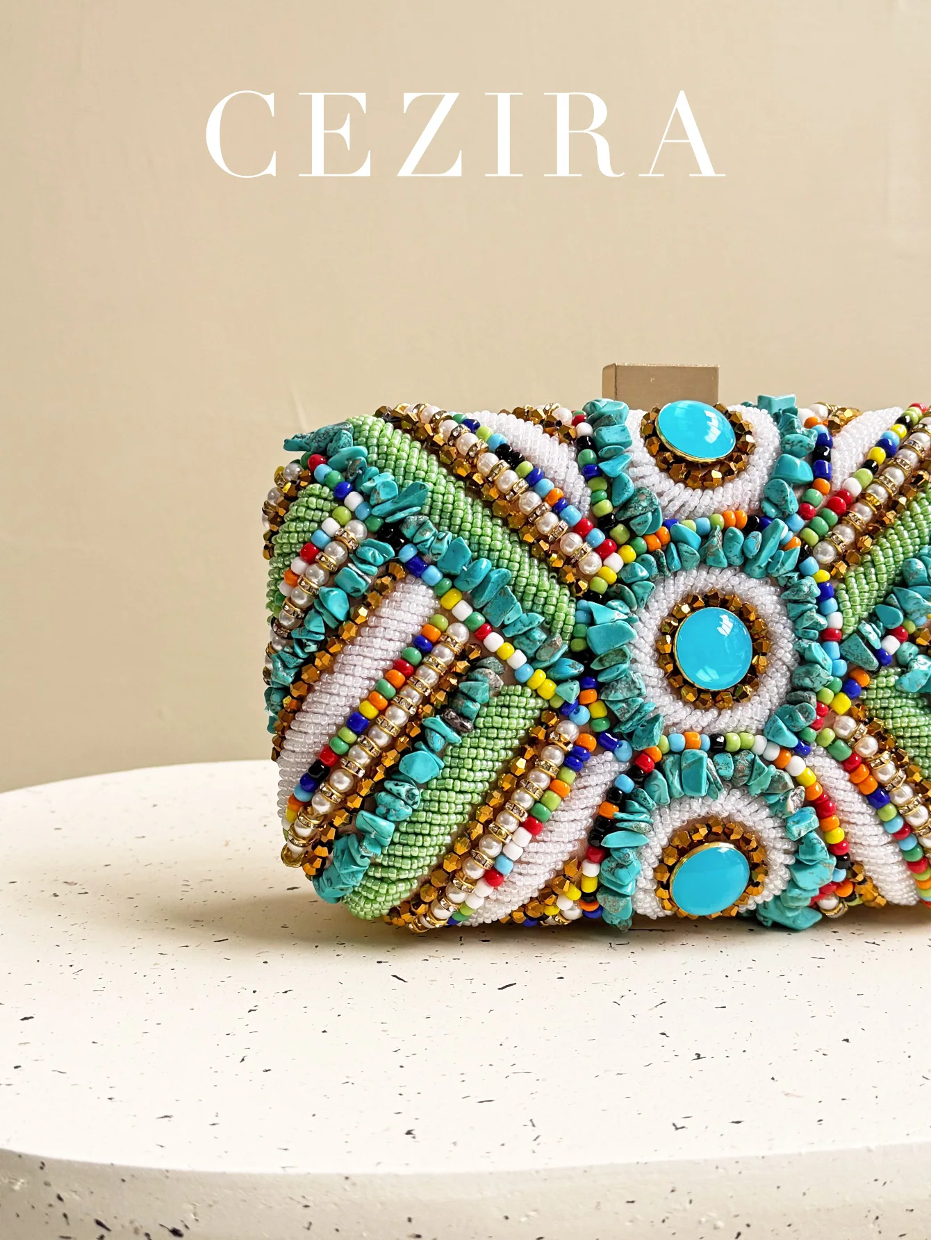 CEZIRA Women's Glamorous Luxury Colorful Beads Pearls Clutch Metal Frame Case Evening Bag Long Chain Purse Party Wedding Holiday view 2