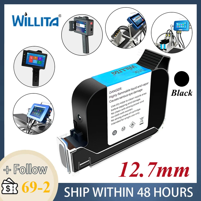 

WILLITA 12,7 мм быстросохнущие постоянные чернильные картриджи, экологически быстросохнущие чернила на основе растворителя для ручных струйных принтеров без зашифрованных