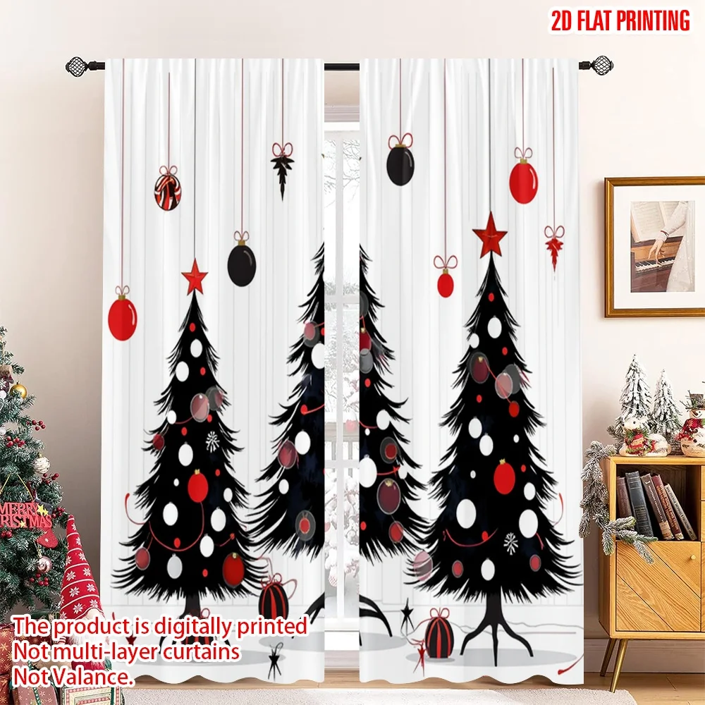 

2pcs 2D flat printing Christmas Window Curtains Christmas Trees Ornaments Red Bows Polyester Without Electricity Holiday