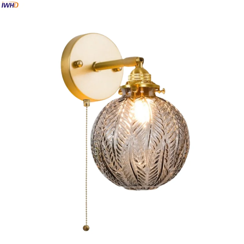 

IWHD Grey Glass LED Wall Lamps Bedroom Living Room Loft Sofa Bathroom Mirror Bedroom Light Fixture Nordic Modern Copper Wandlamp