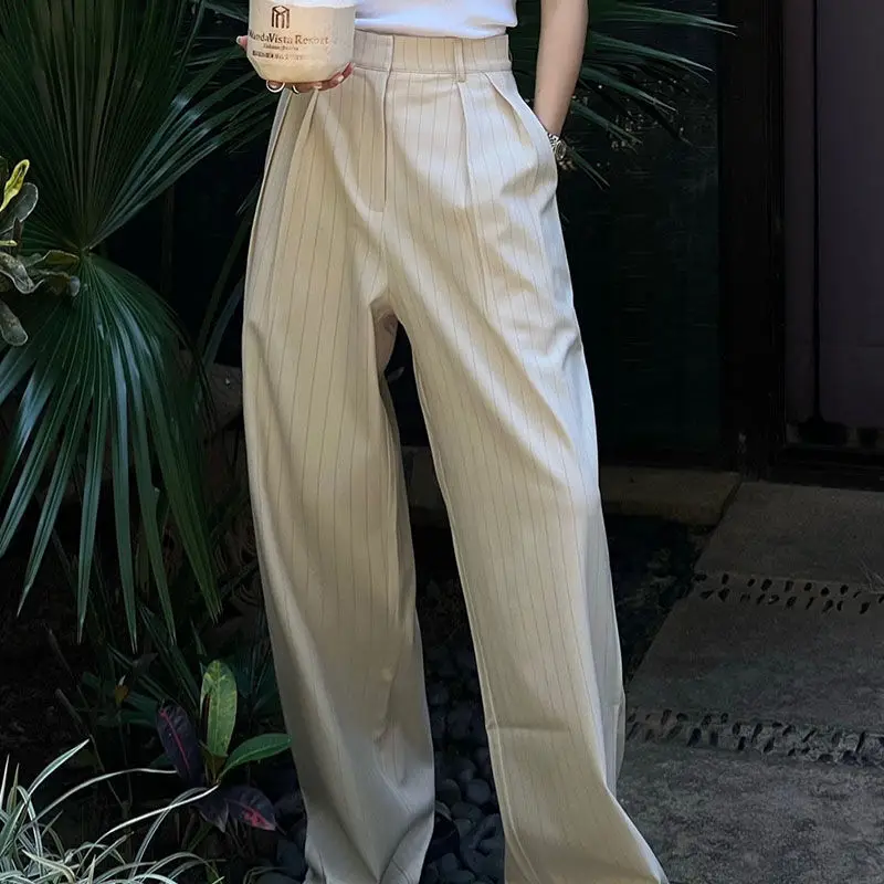 

Women Suit Pants 2025 Spring Autumn New Minimalist Pants Vertical Stripe Wide Leg Sleek Business Casual Women's High Waist Pants