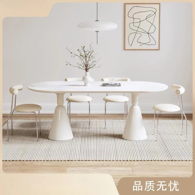 Internet-famous cream-style sintered stone dining table, vintage oval white