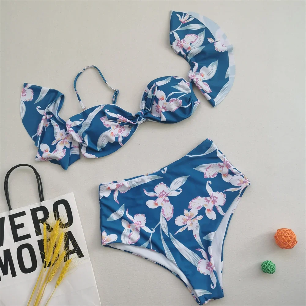 

High Waist Bikinis Sets Floral Ruffles Swimsuit Vacation SwimWear Women Micro Thong Brazilian Beach Bandeau Bathing Suit Biquini