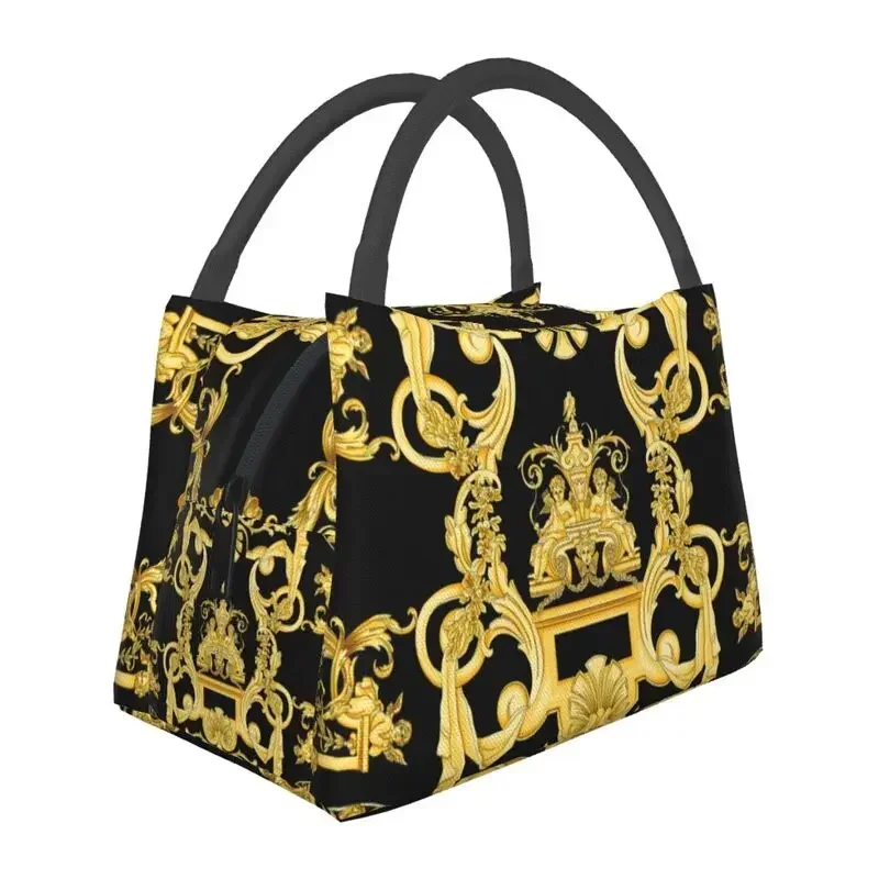 Luxury Golden Europe Floral Insulated Lunch Bag for Work Office Leakproof Thermal Cooler Lunch Box Women