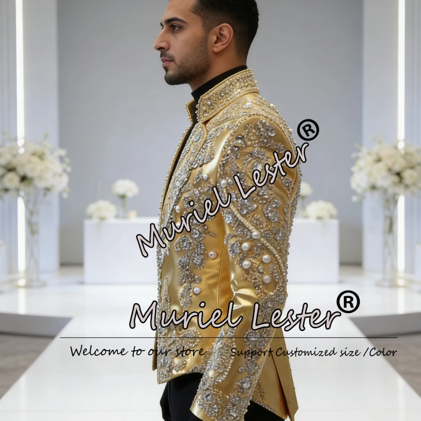 Luxury Beaded Stones Gold Men Suit Attite For Wedding Groom Pearls Jacket Outfits 1 Piece Prom Tuxedos Prom Blazer Ropa Hombre