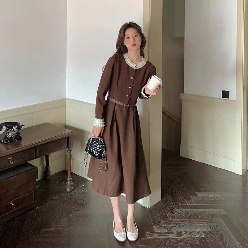 European and American Autumn Winter Solid Color Casual Dress Women Verssatile Bodycon Waist Cinching Single Breasted Skirt C322