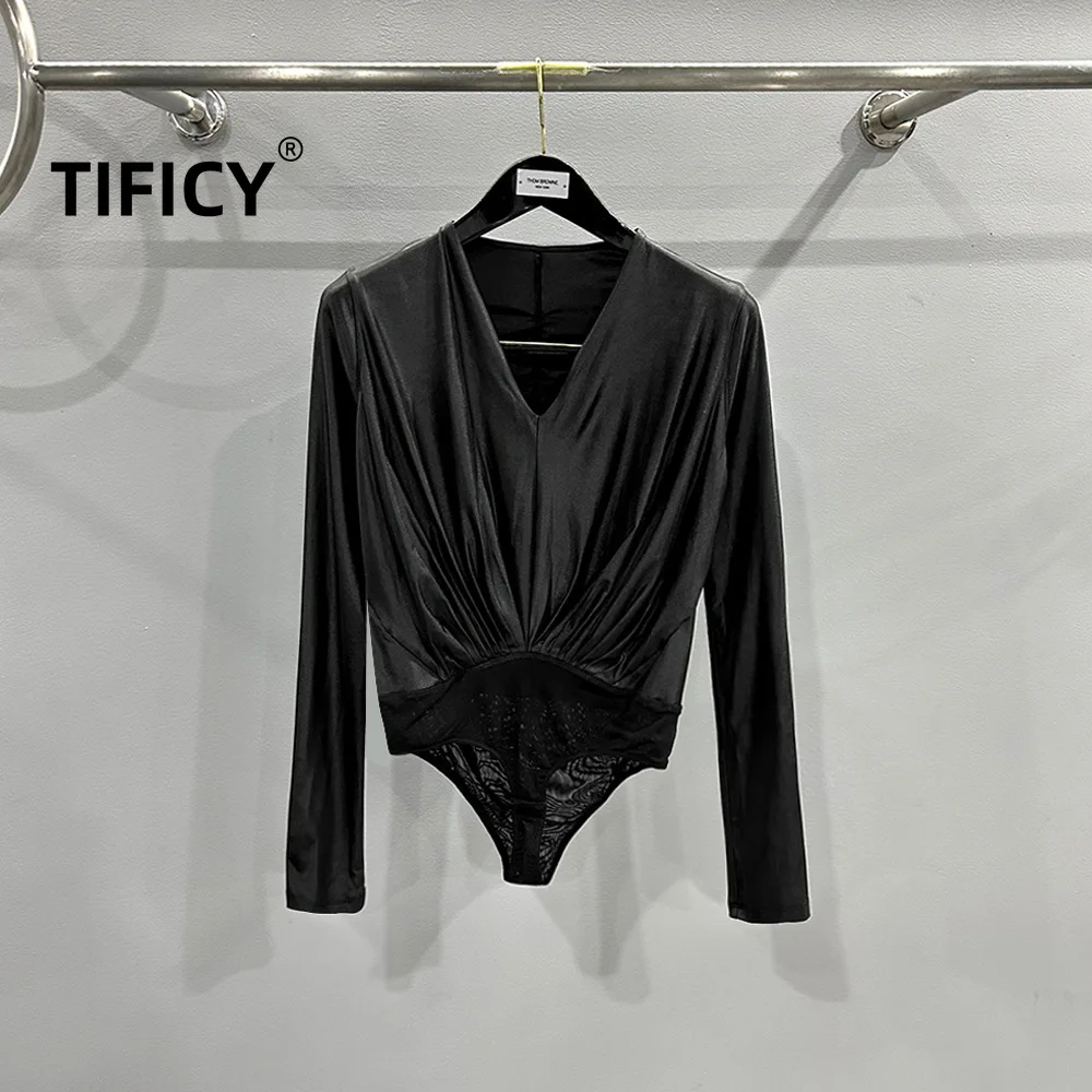 TIFICY High Street Fashion Women's Jumpsuit Spring/Summer Metal Coated Fabric Personalized Black Slim Fit One Piece Bodysuit Top