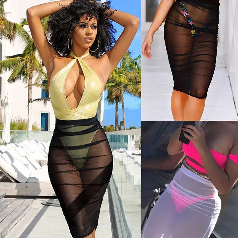 コンバサキ レディース カバーアップ スカート 無地 メッシュ シアー ハイウエスト 水着 スモック スカート セクシー ショート ミニ スリム ビキニボトム カバー