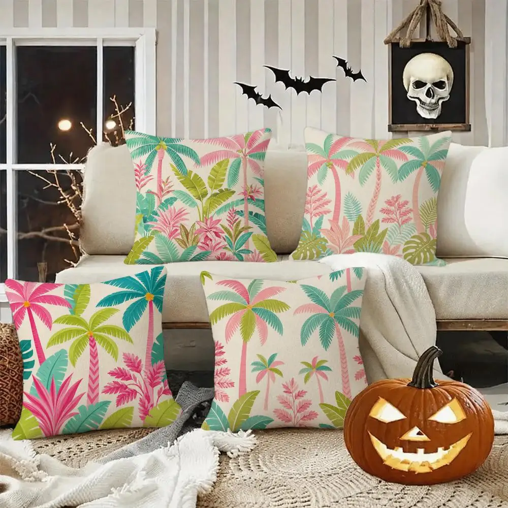 Pastel Tropical Palm Art Cushion Cover Halloween decoration trick or treat cushion cover, ghost, pumpkin head, bat decoration