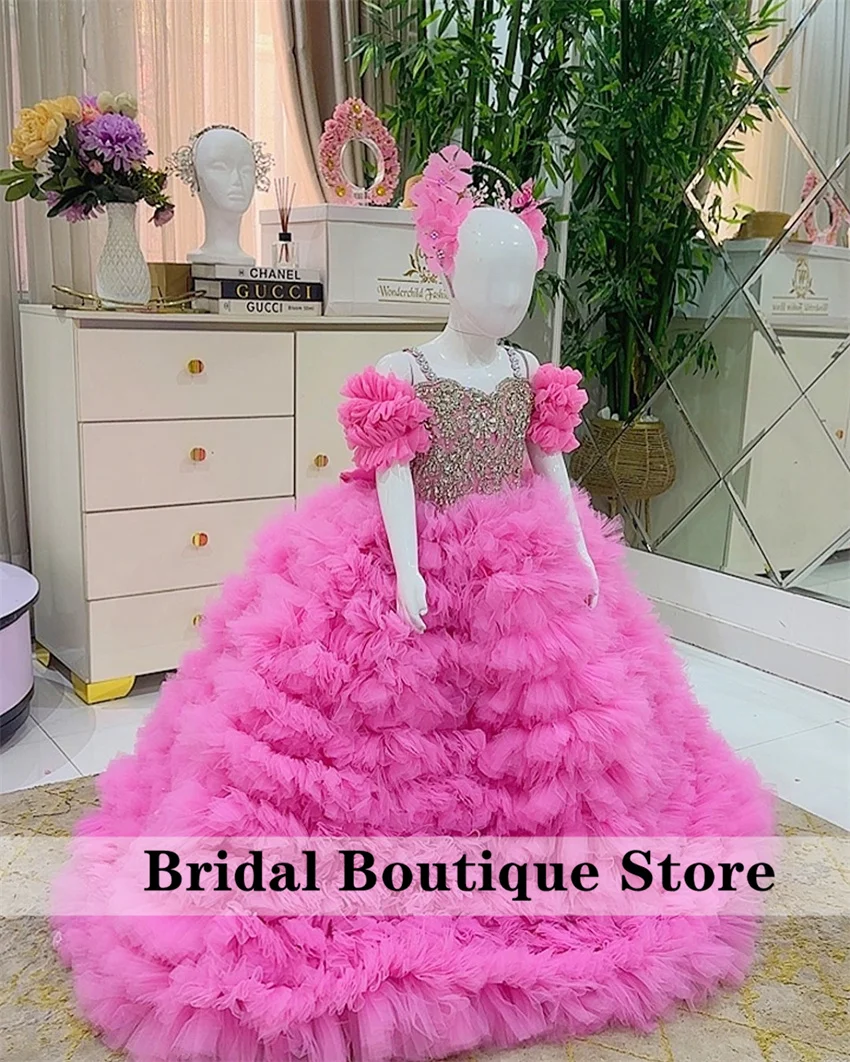 

Glitter Diamonds Pink Child Princess Dress Bow Crystals Rhinestones Beads Pageant Cute Flower Girl Birthday Tiered Ruffles