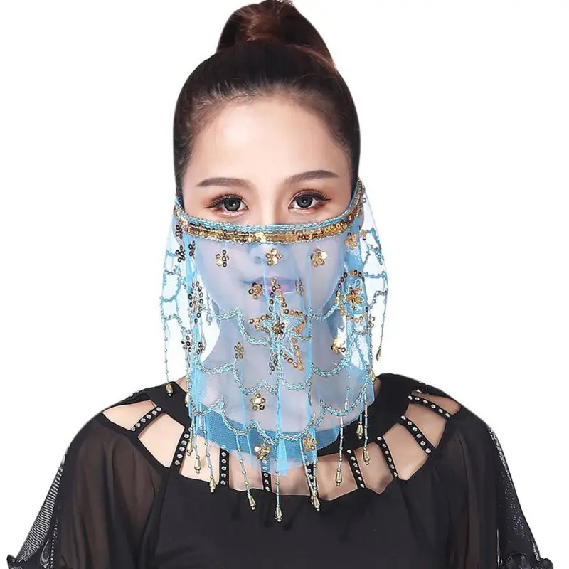 Women Belly Dance Face Veil Sequin Gauze Tassels Glitter Veil for Girls Masquerade Party Mask Elegant Belly Dance Accessories