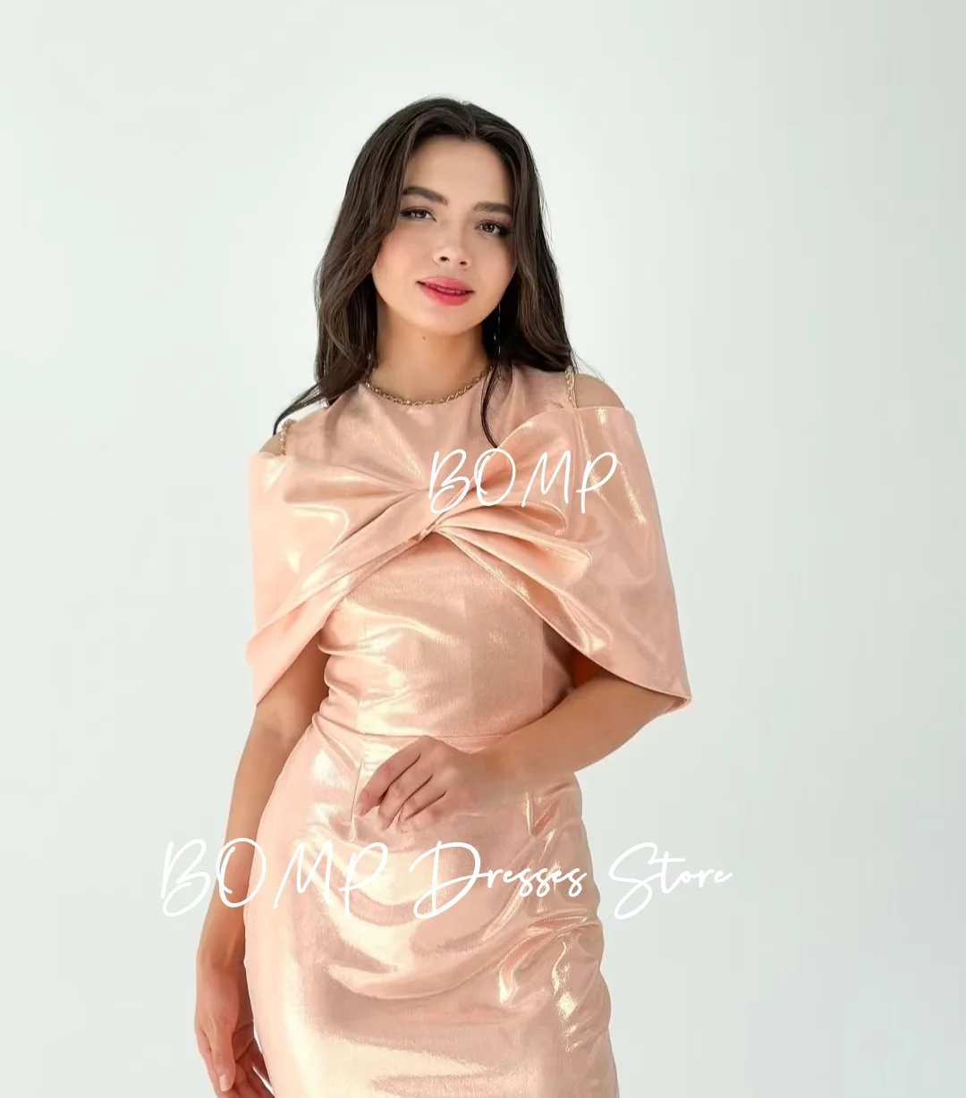 فساتين سهرة ZHIO لامعة بلون الشمبانيا ورقبة دائرية مع فيونكة مكشوفة الأكتاف من الساتان مناسبة رسمية فستان حفلات أعياد الميلاد مخصص أنيق