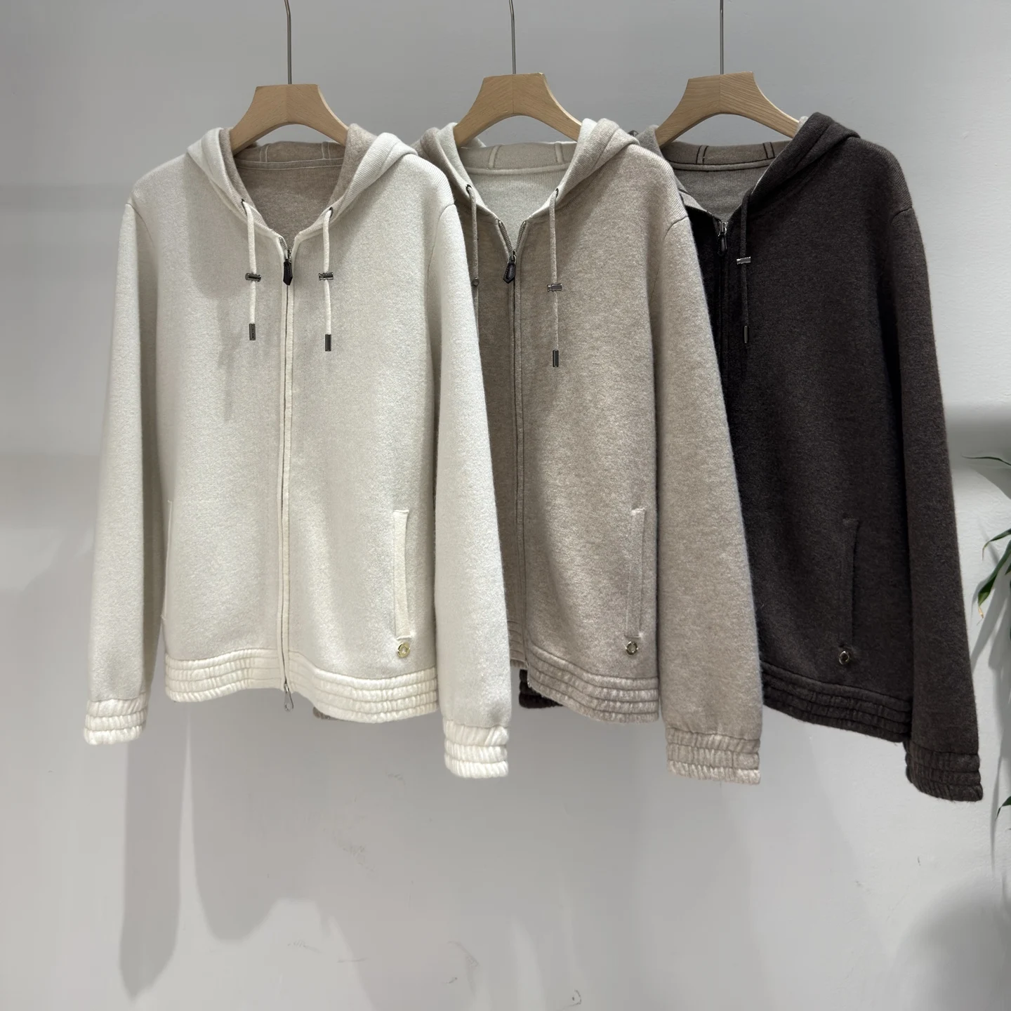 Women's Autumn Wool Set: Hooded Zip-Up Jacket and Wide-Leg Knit Pants