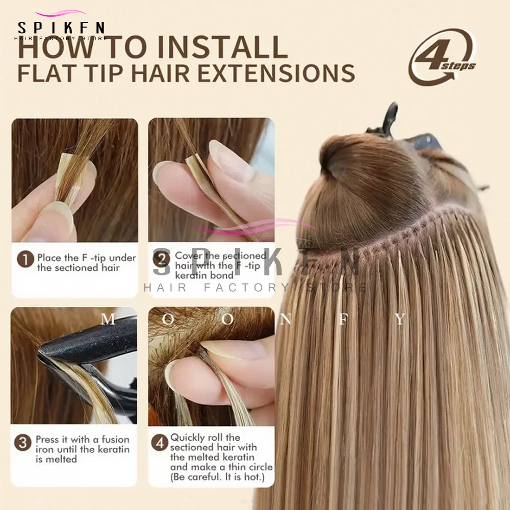 SPIKFN ストレートケラチンフラットチップ人毛エクステンションハニーブラウンフュージョンプレボンド人毛 50 個/パック軽量薄い端