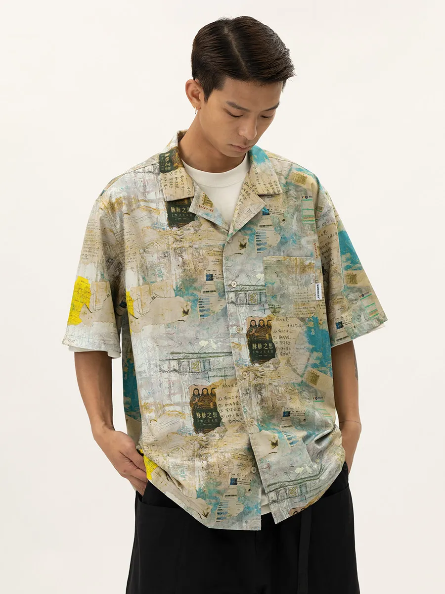 Retro Oil Painting Printed Short Sleeve Shirt for Men and Women Cuban Collar Shirt