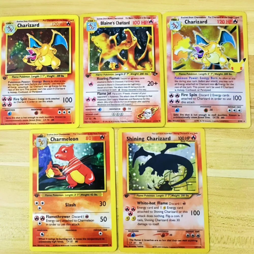 DIY 1996 ภาษาอังกฤษ PTCG Pokemon 1st 3 ชิ้น/เซ็ต Charizard Blastoise แฟลชการ์ดอะนิเมะคอลเลกชันเกมการ์ดวันหยุดของขวัญ