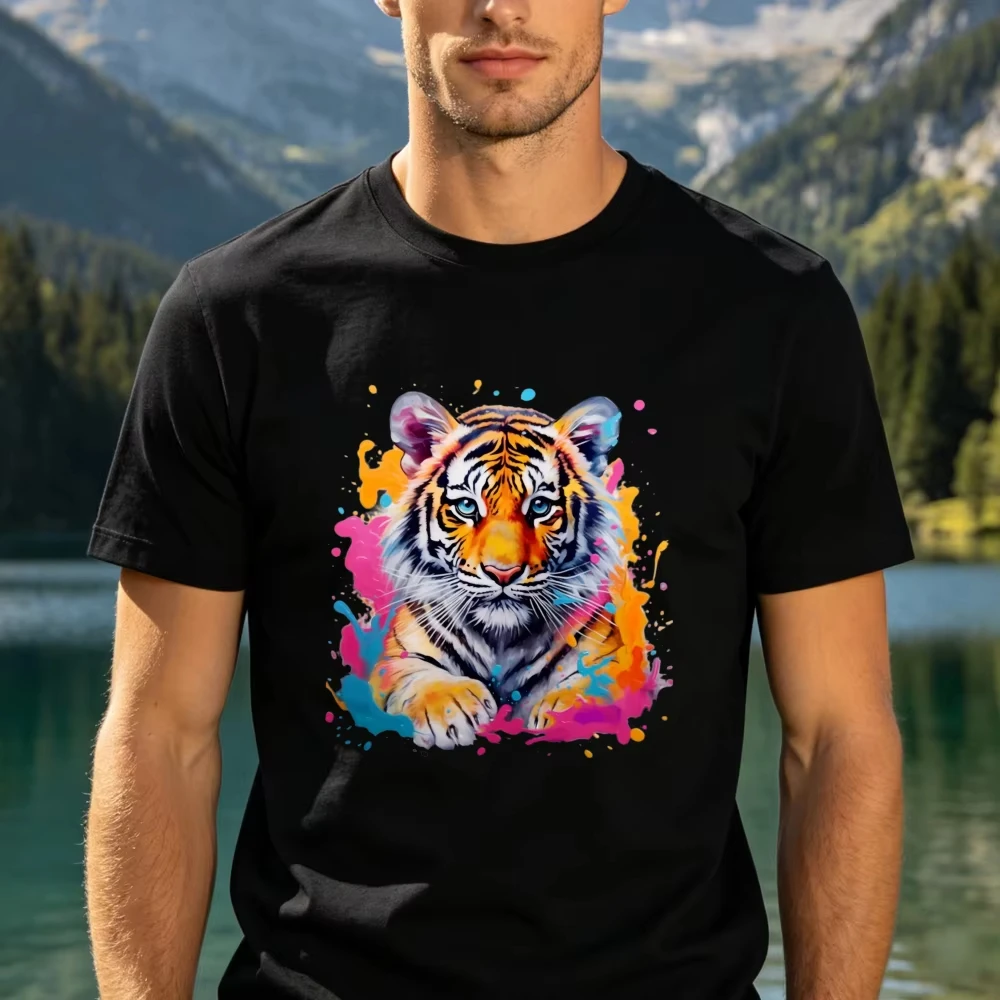Watercolor Splash Tiger Art Graphic T Shirt Men Vibrant Wild Cat Print Tee Cotton Short Sleeve Wildlife Streetwear Daily Tops