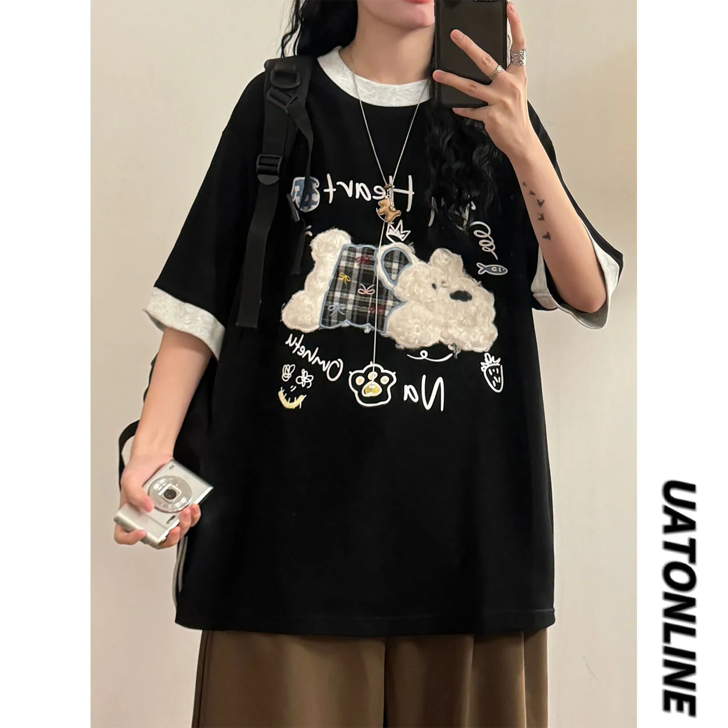 

Милая женская футболка с коротким рукавом в американском стиле с вышивкой и плюшевым декором в виде собаки, свободного кроя, уличная одежда, летний модный брендовый повседневный топ