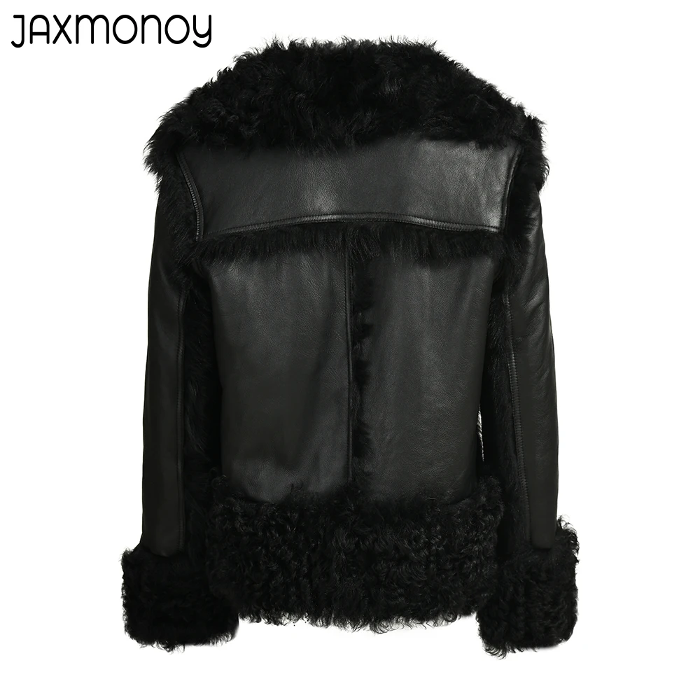 Jaxmonoy-abrigo de piel de oveja para mujer, chaqueta de piel de oveja auténtica, abrigo supercálido de manga completa, novedad de 2022