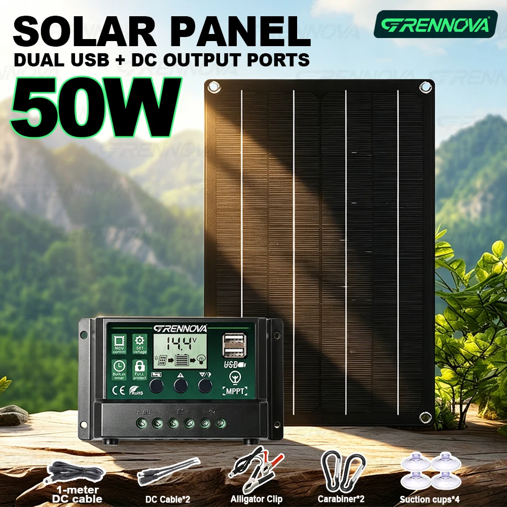 50W Easy Installation Solar Panel +10A/30A/60A Controller Dual USB DC Output Kit for Battery Outdoor Power RV Camping Car Picnic