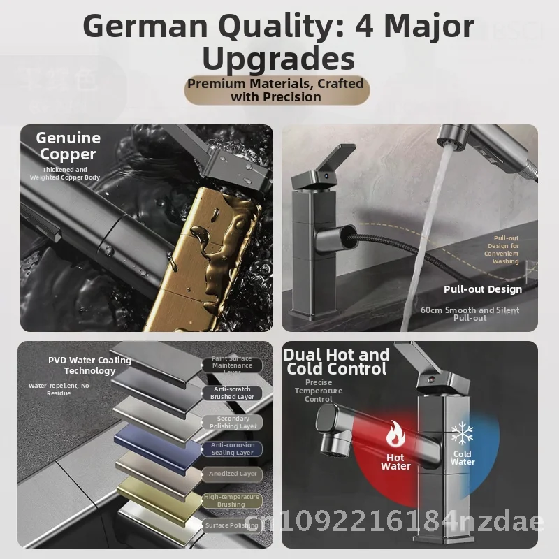 

Fine Copper Pull-out Basin Faucet for Bathroom Wash Basin And Cabinet - Hot And Cold Water Three-Speed Rotation Modern