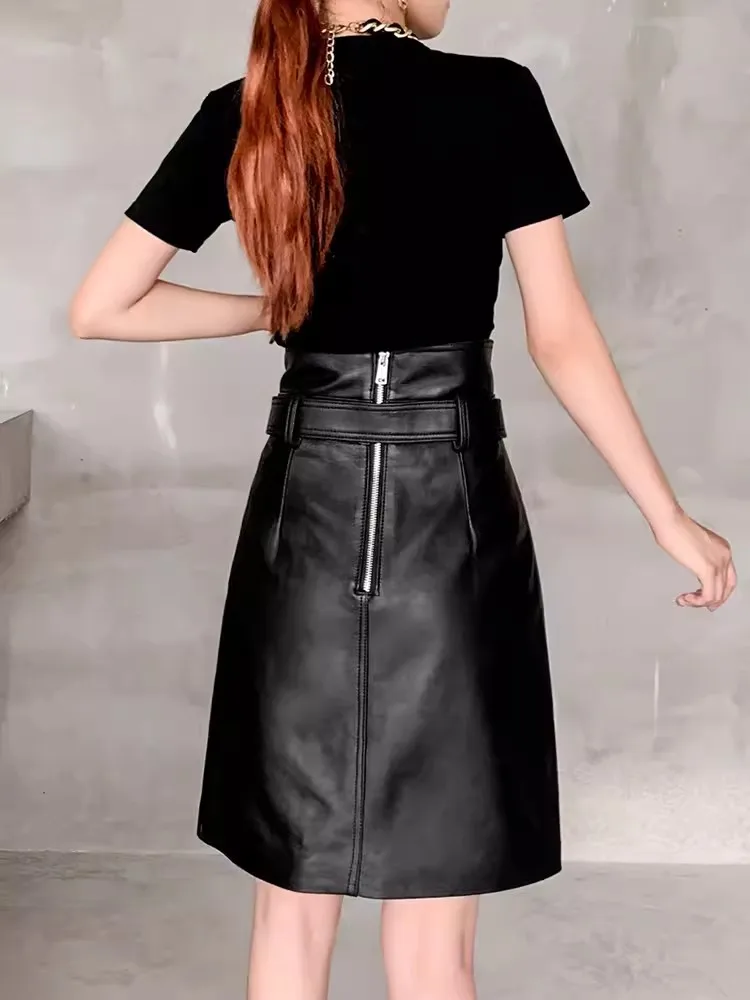 Genuine Leather Skirt Women High Waist Belted A Line Mini Wrap Skirt Spring Autumn New Female Slim Fit Soft Real Sheepskin Skirt