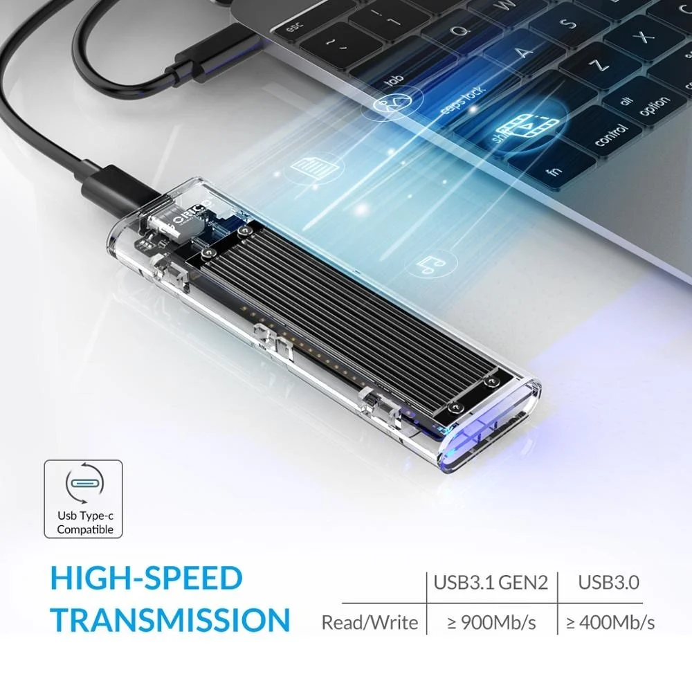 ORICO-NVME Gabinete de caixa SSD, M.2 para USB, tipo C, transparente, gabinete de disco rígido para NVME, PCIE, NGFF, SATA, M, B Key, disco SSD