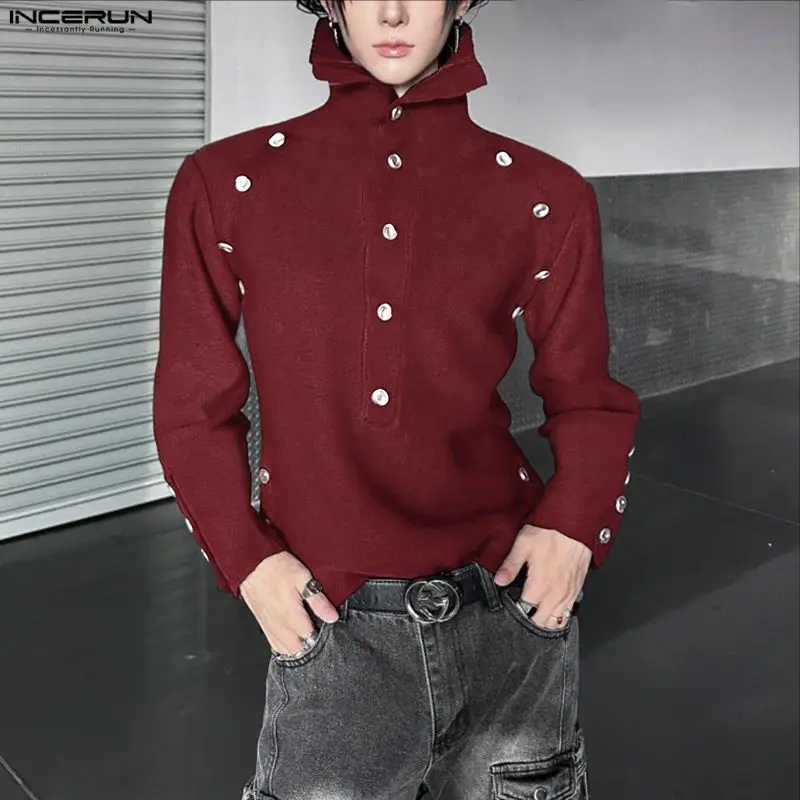 

INCERUN Мужская рубашка, однотонная рубашка с воротником-стойкой и длинными рукавами на пуговицах, мужская одежда, уличная одежда, свободные модные повседневные топы, Camisas 2026