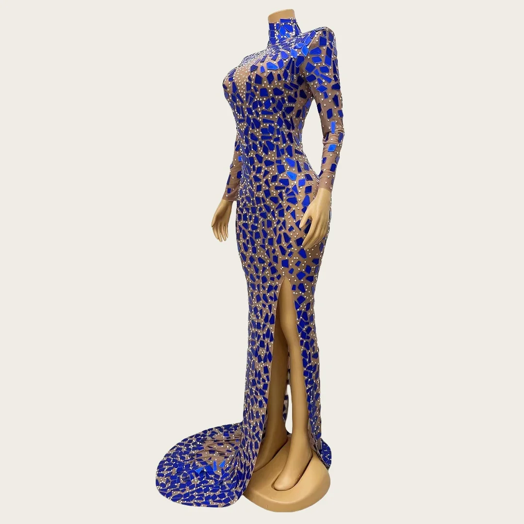 Lanjing Elegant กระจกสีฟ้าชุดราตรีผู้หญิงชุดราตรีชุดราตรีแขนยาวด้านข้าง Slits ชุดยาวพรหม High-end Couture