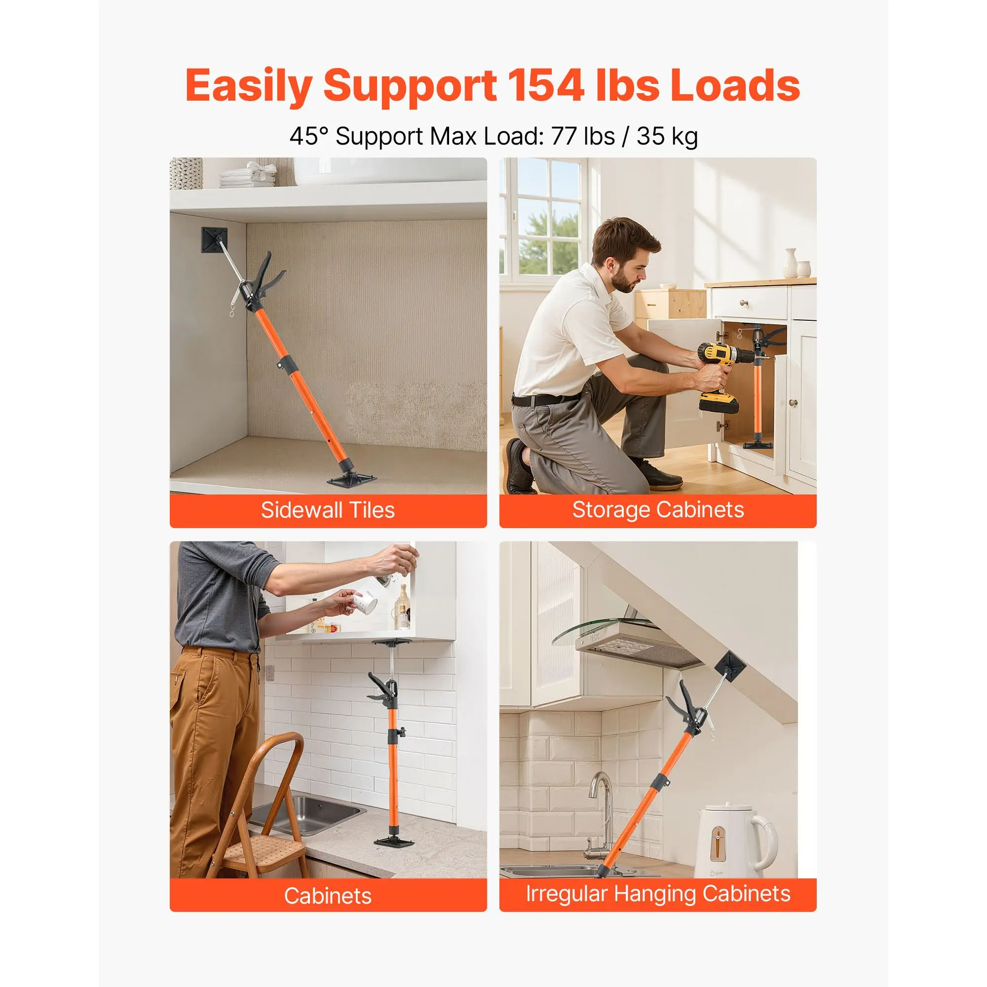 Cabinet Jack Support Pole, 2-Pack, 21.3-60 Inch Steel Telescopic Quick Support Rod, Adjustable 3rd Hand System up to 154 lbs Capacity for Installing Cabinets, Lifting Drywall, Cargo Bars