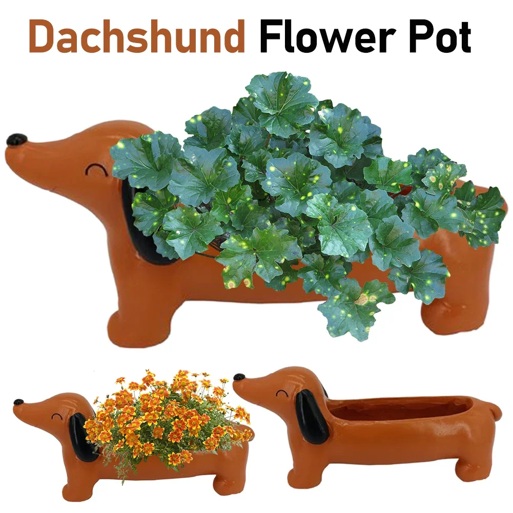 Cute Dachshund Dog Flower Pot Garden Office Decoration Resin Succulent Flowerpot Cute Animal Flowerpot Cactus Plants Planters ﻿