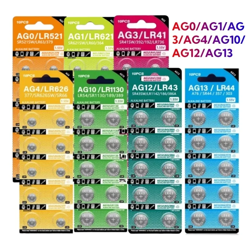 10PCS 1.55V AG13 pila LR44 SR44 AG10 lr1130 AG0 AG1 AG3 AG4 AG12 Button Batteries A76 LR1154 GP7 Cell Coin Watch Batteries