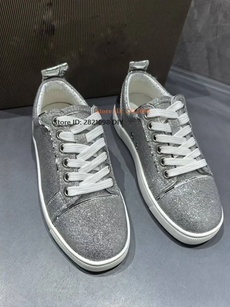 Silver Lace Up Casual Shoes Women Low Cut Comfortable Flats Woman Shiny Bling Leather Sneakers Zapatos De Mujer