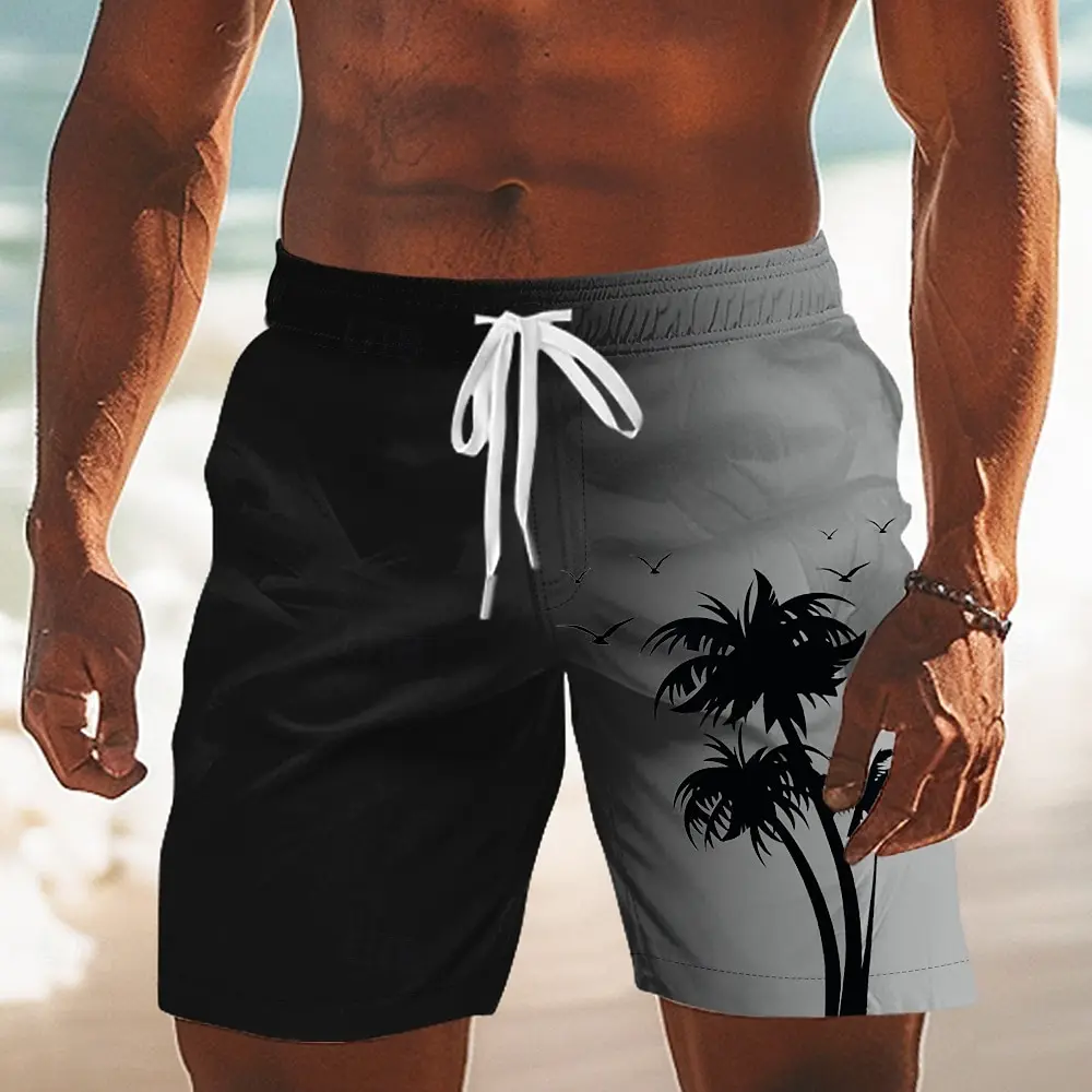 

Men's Designer Beach Vacation Swim Shorts,Coconut Tree Gradient Mid Waist Board Shorts with Drawstring Waist for Spring & Summer