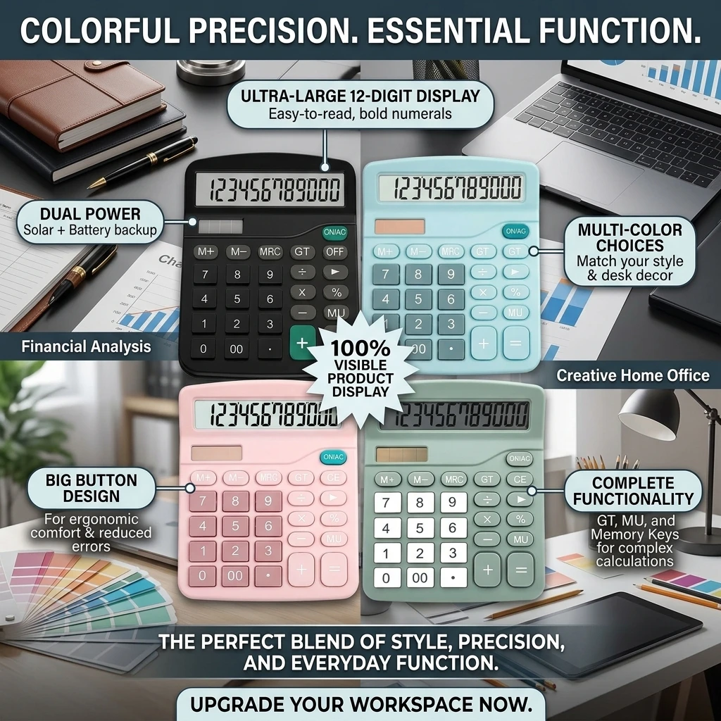 12 Digits Electronic Calculator Solar Calculator Dual Power Supply Calculator for Home Office School Financial Accounting Tools