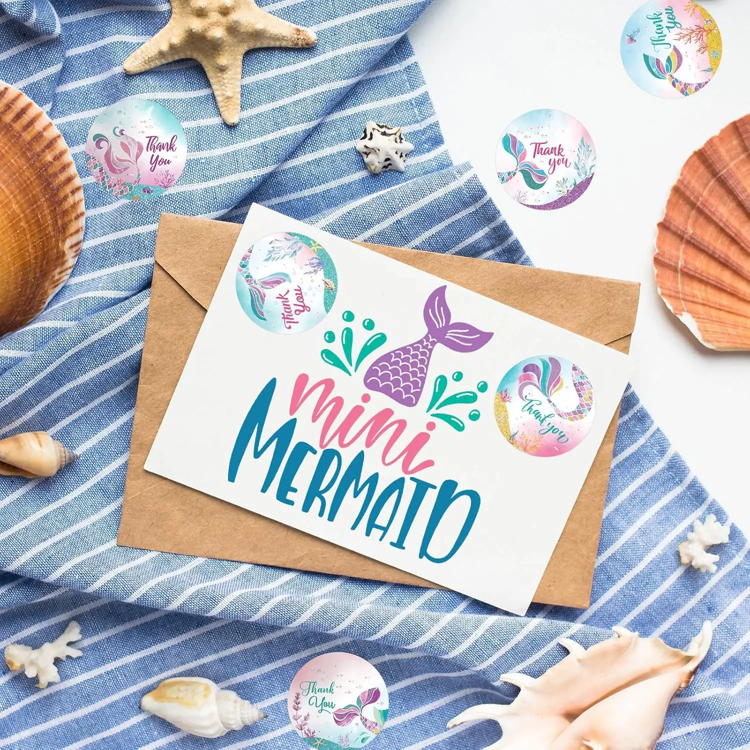 500Pcs Thank You Stickers Roll - Colorful Mermaid Tail Coral Pattern Decal Labels for Baby Shower, Under The Sea Party Supplies