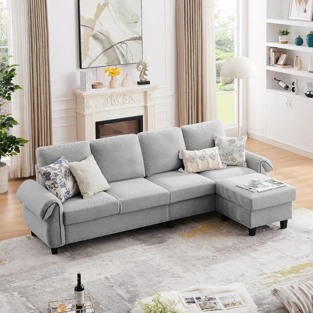 

Convertible Sectional Sofa, 4 Seat L Shaped Couch with Reversible Ottoman and Wooden Legs, Polyetser Upholstery Couches