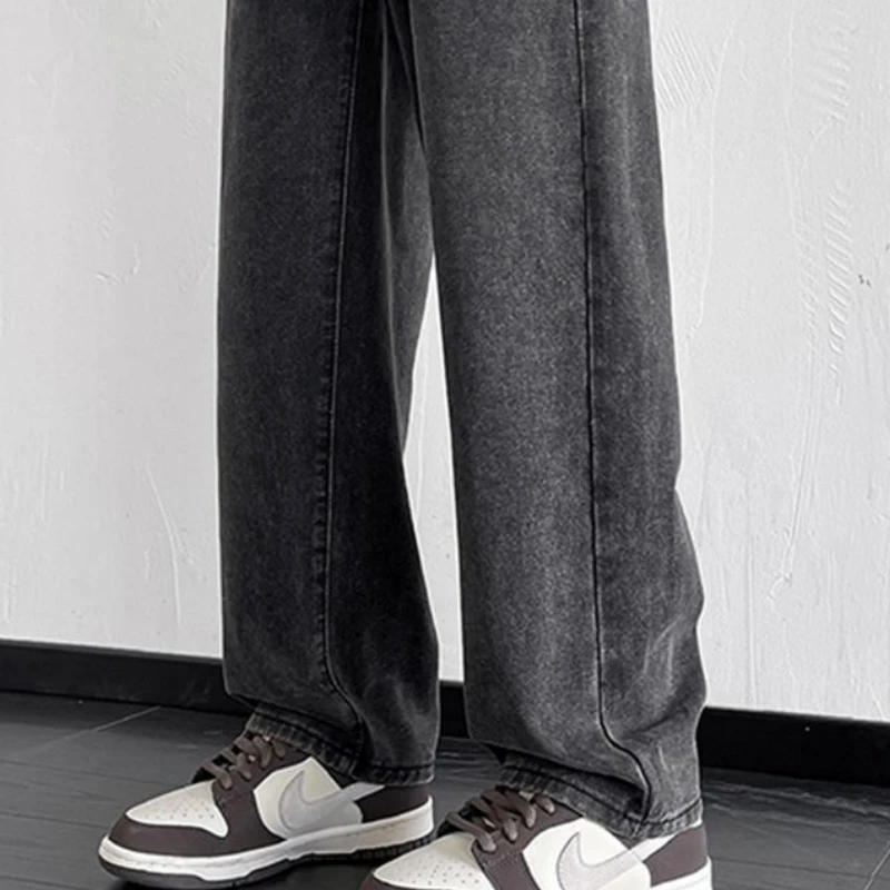 Korean Fashion Men\'s Baggy Jeans Hip Hop Drawstring Y2K Jeans Homme Classic Solid Color Straight Wide-legs Men Denim Pant D0061