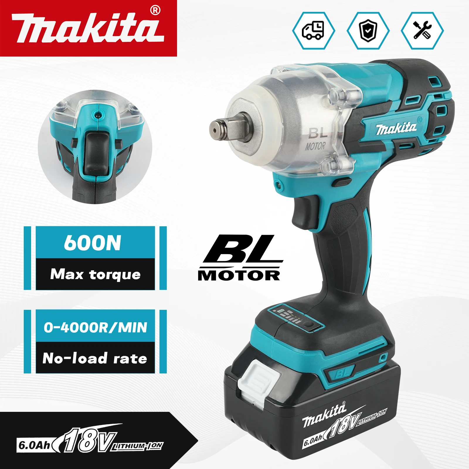 Makita 18V DTW600 3100IPM Cordless Wrench 1/2Inch Brushless Screwdriver Rechargable Electric Screwdriver Vehicle ServiceTool