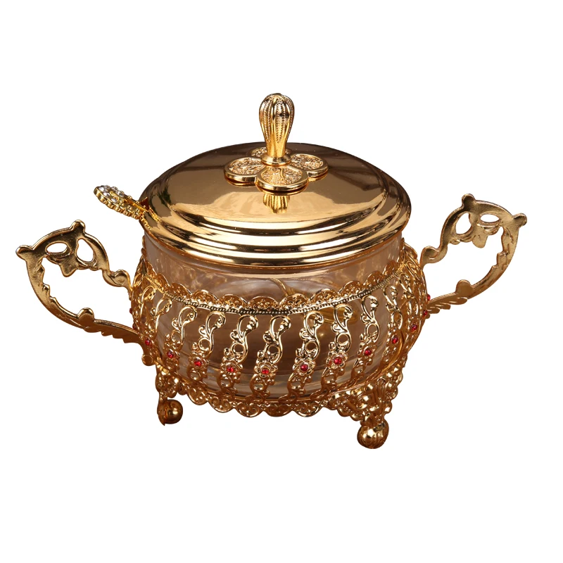 

Gold-plated Storage Jar with Lid Glass Seasoning Box Hollow Metal Flower Crafts Salt Sugar Candy Food Container