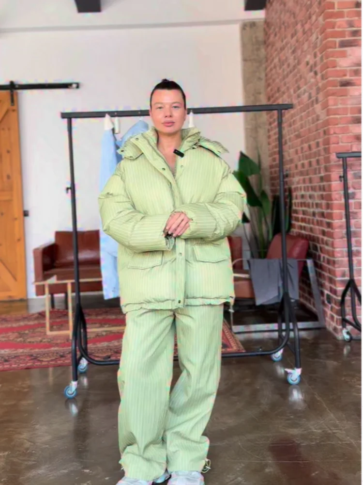 Women Ski Suit 2 Piece Set Striped Oversized Hooded Cotton Padded Coat Wide Leg Trousers Winter Warm Windproof Outfit Tracksuit