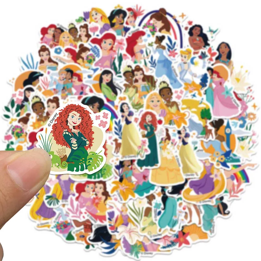 Disney Princesas adesivos impermeáveis para meninas, desenhos animados bonitos, anime, grafite, laptop, telefone, bagagem, guitarra, decalques de vinil, 50pcs