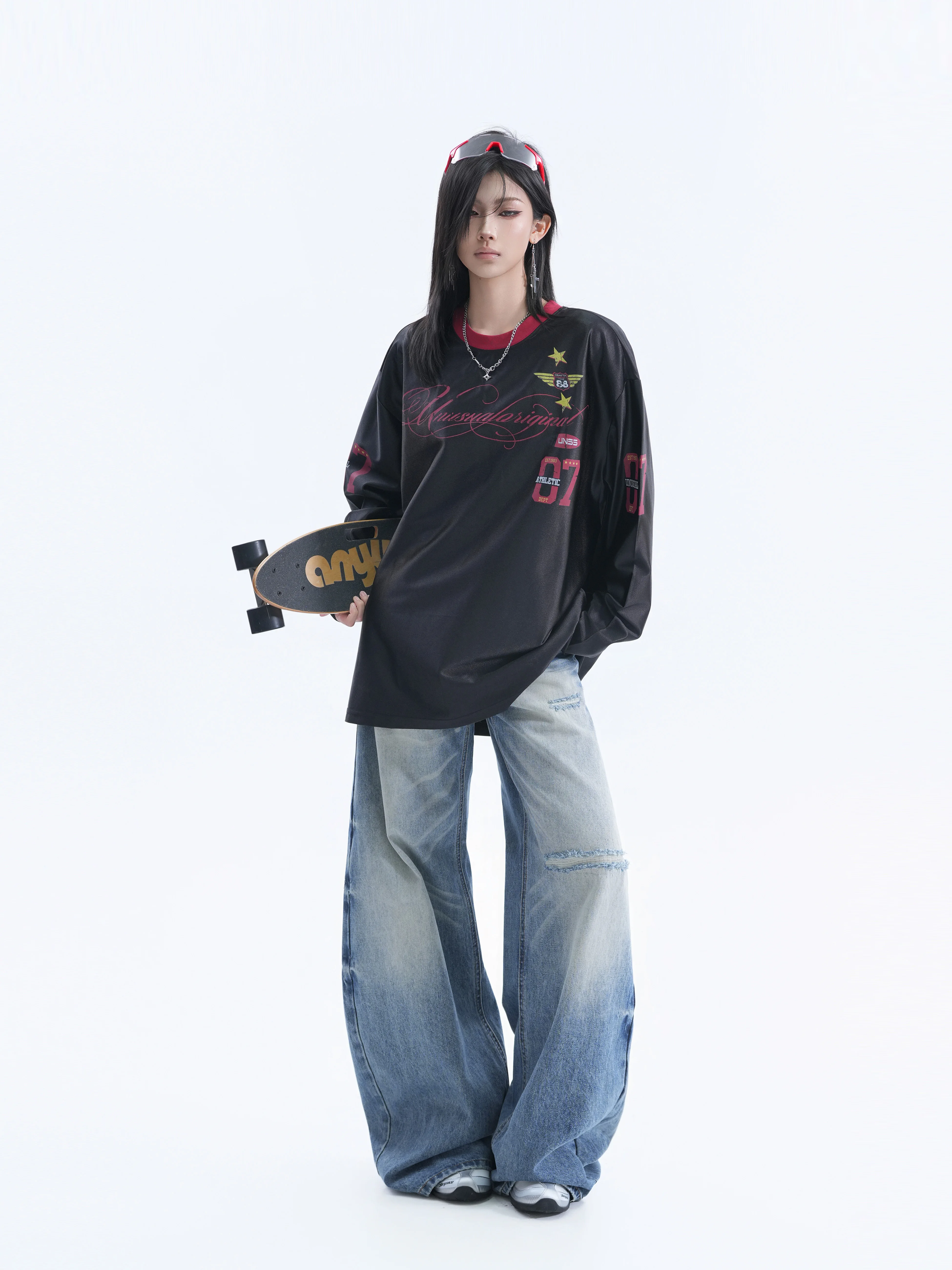 Retro Color Block Long Sleeve T-Shirt Women's Street Style Loose Fit Polyester Fabric American Racing Emblem Print Top