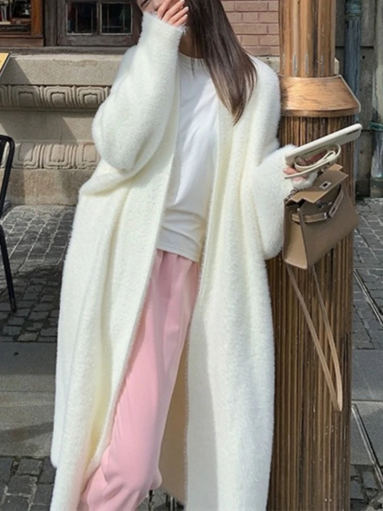 Autumn Winter Loose Lazy Style Knee Length Thickened Women Cardigan Pure Imitation Mink Fleece Knitted Sweater Warm Coat Clothes