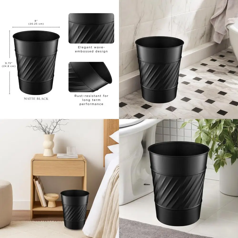 

Элегантное металлическое мусорное ведро с волнистым узором для ванной комнаты, спальни, офиса и общежития — компактная черная мусорная корзина